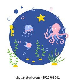 exotic sea inhabitants characters. fairy fun marine life. smile emotion fish and wild marine animals in ocean. underwater coral reef dwellers, undersea fauna. flat colorful cartoon on blue background