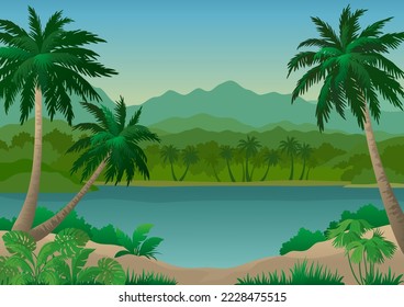 Exotic Sea Landscape, Tropical Island with Palm Trees and Mountains. Vector