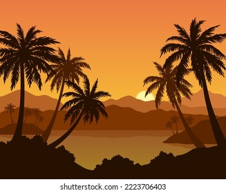 Exotic Sea Landscape, Tropical Islands with Palm Trees Silhouette. Vector