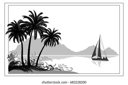 Exotic Sea Landscape, Tropical Palms Trees and Floral Pattern, Sailboat Ship, Mountains, Black and Grey Silhouettes on White Background. Vector