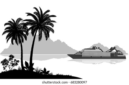 Exotic Sea Landscape, Tropical Palms Trees and Plants, Ship Passenger Liner, Mountains, Black and Grey Silhouettes on White Background. Vector