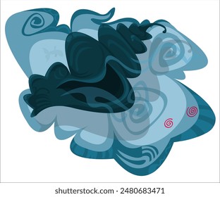An exotic sea shell, underwater; vintage, romantic blue background. This cartoon illustration can be used as a logotype for sea shops, creative travel, tourist groups, aquatic clubs. Vector, isolated.