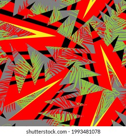 Patrón abstracto exótico sin fisuras con elementos geométricos y hojas de palma