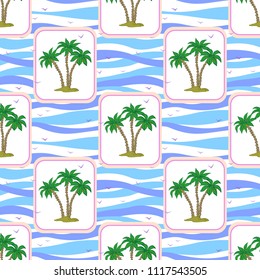 Exotic Seamless Background, Green Tropical Palms in Rectangles on Blue and White Wavy Pattern with Sea Birds Gulls. Vector