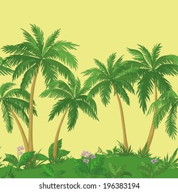 Exotic seamless background, landscape, green palm trees, flowers and yellow sky. Vector