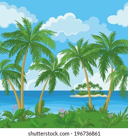 Exotic seamless background, tropical landscape, sea island with green palm trees and flowers and cloudy sky. Vecto