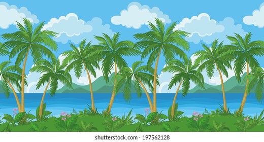 Exotic seamless background, tropical landscape, sea island with green palm trees and flowers and cloudy sky. Vecto