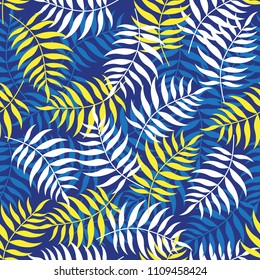 Exotic seamless colorful bright pattern with tropical jungle leaves silhouettes on  blue background. Floral modern pattern for textile, manufacturing etc. Vector illustration