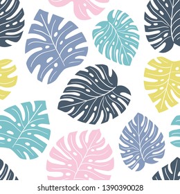 Exotic seamless colorful bright pattern with colorful tropical jungle leaves silhouettes on white background. Floral modern pattern for textile, manufacturing etc. Vector illustration