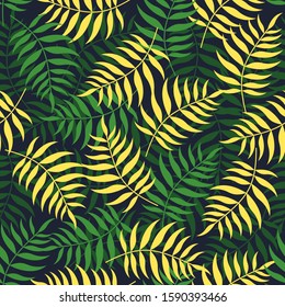 Exotic seamless colorful bright pattern with tropical jungle leaves silhouettes on  dark background. Floral modern pattern for textile, manufacturing etc. Vector illustration