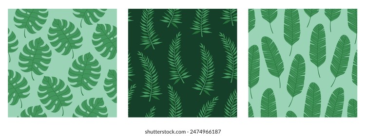 Exotic seamless colorful pattern set with tropical jungle leaves. Tropic background. Floral modern pattern for textile, manufacturing etc. Vector illustration