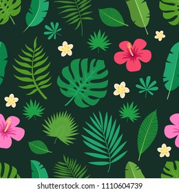 Exotic seamless colorful pattern with tropical jungle leaves and flowers of plumeria and hibiscus on dark background. Floral modern pattern for textile, manufacturing etc. Vector illustration