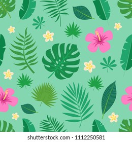 Exotic seamless colorful pattern with tropical jungle leaves and flowers of plumeria and hibiscus on green background. Floral modern pattern for textile, manufacturing etc. Vector illustration