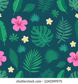 Exotic seamless colorful pattern with tropical jungle leaves and flowers of plumeria and hibiscus on dark background. Floral modern pattern for textile, manufacturing etc. Vector illustration