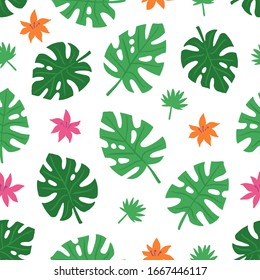 Motivo exótico y colorido con flores y hojas de selva tropical. Antecedentes tropicales modernos para textiles, manufactura, etc. Ilustración vectorial