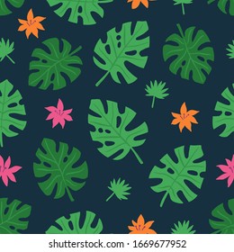 Exotic seamless colorful pattern with tropical jungle leaves and flowers. Tropic modern background for textile, manufacturing etc. Vector illustration
