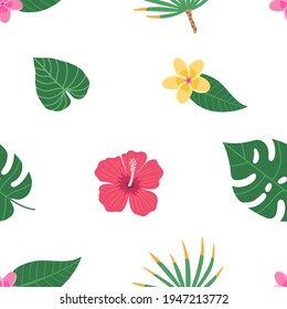 Exotic seamless colorful pattern with tropical jungle leaves and plumeria and hibiscus flowers. Tropic background. Floral modern pattern for textile, manufacturing etc. Vector illustration