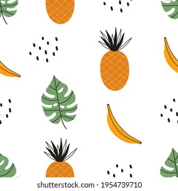 Exotic seamless colorful pattern with tropical jungle leaves, pineapple, banana, flowers. Tropic background. Floral modern pattern for textile, manufacturing etc. Vector illustration