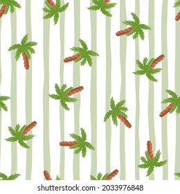 Exotic seamless doodle pattern with green random palm tree elements. Grey striped background. Designed for fabric design, textile print, wrapping, cover. Vector illustration.