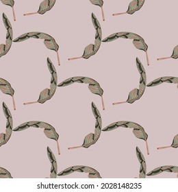 Exotic seamless doodle pattern with tropical leaves shapes. Pastel pink background. Jungle print. Vector illustration for seasonal textile prints, fabric, banners, backdrops and wallpapers.