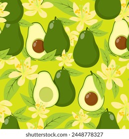 Exotic seamless pattern of avocado, leaves and flowers on a green background