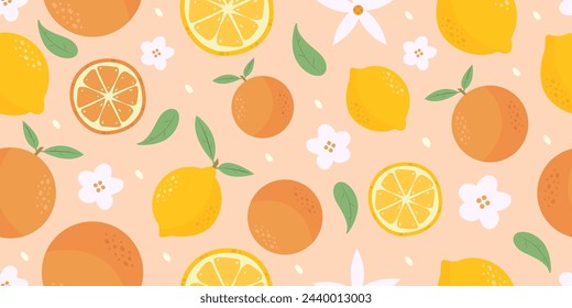 Exotic seamless pattern background with lemons, oranges, flowers and leaves. Sliced fruit. Tropical hand-drawn pattern. Vector illustration.