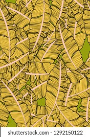 Exotic seamless pattern with banana leaves of sand color on a green background. Floral background with yellow tropical leaves.