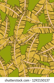 Exotic seamless pattern with banana leaves of sand color on a green background. Floral background with yellow tropical leaves.