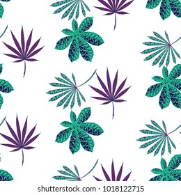 Exotic Seamless Pattern With Big Palm Leaves On White Background. Hand Drawn Tropic Texture In Zentangle Style. Ornate Seamless Background for Print, Interior, Wallpaper, Swimwear.