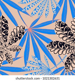 Exotic Seamless Pattern With Big Palm Leaves in Black and White. Hand Drawn Rainforest Texture In Zentangle Style. Ornate Seamless Background for Print, Interior, Wallpaper, Swimwear.