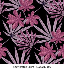 Exotic Seamless Pattern With Big Palm Leaves On Black Background. Hand Drawn Tropic Texture In Zentangle Style. Ornate Seamless Background for Print, Interior, Wallpaper, Swimwear. Vector.