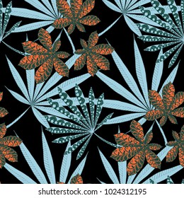 Exotic Seamless Pattern With Big Palm Leaves On Black Background. Hand Drawn Tropic Texture In Zentangle Style. Ornate Seamless Background for Print, Interior, Wallpaper, Swimwear.
