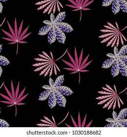 Exotic Seamless Pattern With Big Palm Leaves On Black Background. Hand Drawn Tropic Texture In Zentangle Style. Ornate Seamless Background for Print, Interior, Wallpaper, Swimwear.
