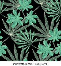 Exotic Seamless Pattern With Big Palm Leaves On Black Background. Hand Drawn Jungle Texture In Zentangle Style. Ornate Seamless Background for Print, Interior, Wallpaper, Swimwear.