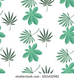 Exotic Seamless Pattern With Big Palm Leaves On Black Background. Hand Drawn Rainforest Texture In Zentangle Style. Ornate Seamless Background for Print, Interior, Wallpaper, Swimwear. Vector.