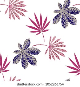 Exotic Seamless Pattern With Big Palm Leaves On White Background. Hand Drawn Rainforest Texture In Zentangle Style. Ornate Seamless Background for Print, Interior, Wallpaper, Swimwear.