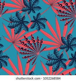 Exotic Seamless Pattern With Big Palm Leaves in Black and White. Hand Drawn Rainforest Texture In Zentangle Style. Ornate Seamless Background for Print, Interior, Wallpaper, Swimwear.