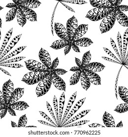Exotic Seamless Pattern With Big Palm Leaves On Black Background. Hand Drawn Jungle Texture In Zentangle Style. Ornate Seamless Background for Print, Interior, Wallpaper, Swimwear. Vector.