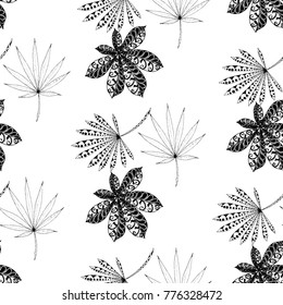 Exotic Seamless Pattern With Big Palm Leaves On Black Background. Hand Drawn Jungle Texture In Zentangle Style. Ornate Seamless Background for Print, Interior, Wallpaper, Swimwear.