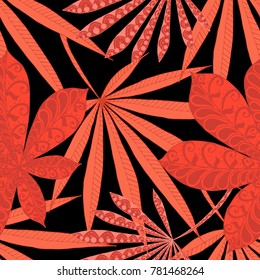 Exotic Seamless Pattern With Big Palm Leaves On Black Background. Hand Drawn Rainforest Texture In Zentangle Style. Ornate Seamless Background for Print, Interior, Wallpaper, Swimwear.