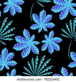 Exotic Seamless Pattern With Big Palm Leaves On Black Background. Hand Drawn Jungle Texture In Zentangle Style. Ornate Seamless Background for Print, Interior, Wallpaper, Swimwear. Vector.