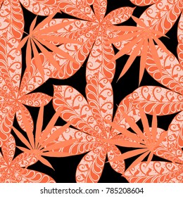 Exotic Seamless Pattern With Big Palm Leaves On Black Background. Hand Drawn Jungle Texture In Zentangle Style. Ornate Seamless Background for Print, Interior, Wallpaper, Swimwear.