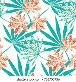 Exotic Seamless Pattern With Big Palm Leaves On Black Background. Hand Drawn Rainforest Texture In Zentangle Style. Ornate Seamless Background for Print, Interior, Wallpaper, Swimwear. Vector.