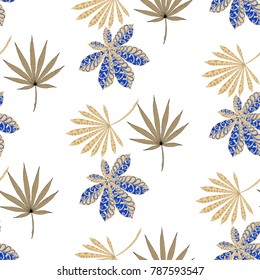 Exotic Seamless Pattern With Big Palm Leaves On White Background. Hand Drawn Rainforest Texture In Zentangle Style. Ornate Seamless Background for Print, Interior, Wallpaper, Swimwear.