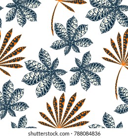Exotic Seamless Pattern With Big Palm Leaves On Black Background. Hand Drawn Jungle Texture In Zentangle Style. Ornate Seamless Background for Print, Interior, Wallpaper, Swimwear.