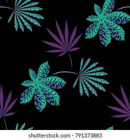 Exotic Seamless Pattern With Big Palm Leaves On Black Background. Hand Drawn Tropic Texture In Zentangle Style. Ornate Seamless Background for Print, Interior, Wallpaper, Swimwear. Vector.