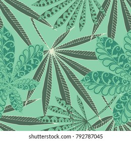 Exotic Seamless Pattern With Big Palm Leaves for Summer Design. Hand Drawn Jungle Texture In Zentangle Style. Ornate Seamless Background for Print, Interior, Wallpaper, Swimwear.