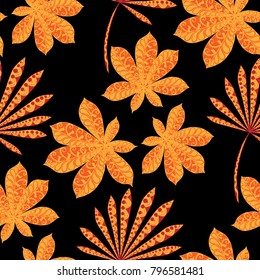 Exotic Seamless Pattern With Big Palm Leaves On Black Background. Hand Drawn Jungle Texture In Zentangle Style. Ornate Seamless Background for Print, Interior, Wallpaper, Swimwear. Vector.