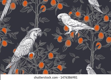 Exotic seamless pattern. Birds parrots on the branches of citrus trees. Vector illustration art. Vintage. Graphic drawing. For textiles, wrapping paper, wallpaper, curtains, interior design.