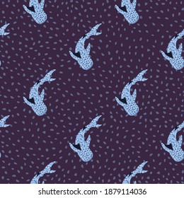 Exotic seamless pattern with blue whale shark silhouettes. Navy blue dotted background. Ocean print. Perfect for fabric design, textile print, wrapping, cover. Vector illustration.